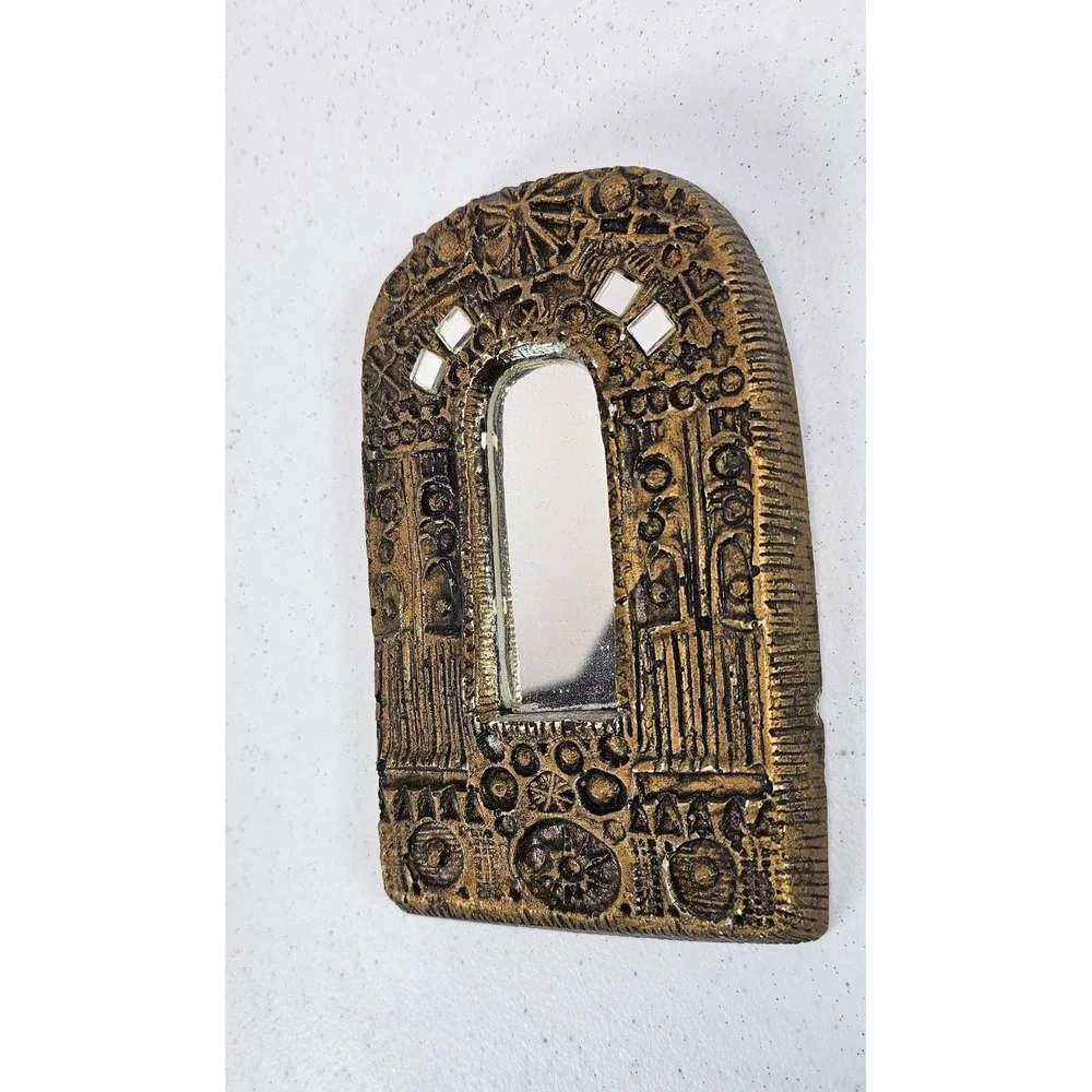 Vintage Brutalist Wall Mirror Gold Tone Cast Plaster MCM Architectural Decor